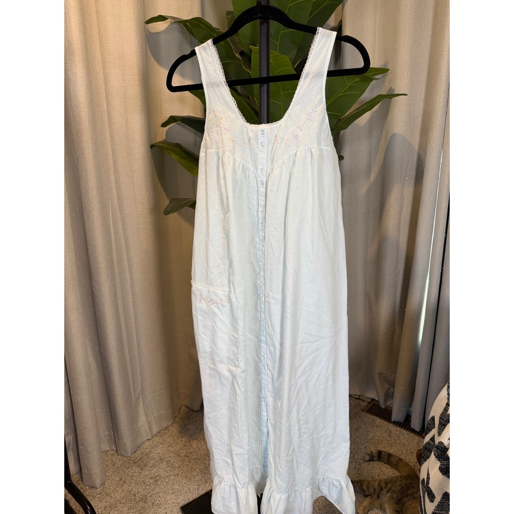 Vintage Elise Stevens Light Blue Floral Embroidered Nightgown Lace Trim Maxi